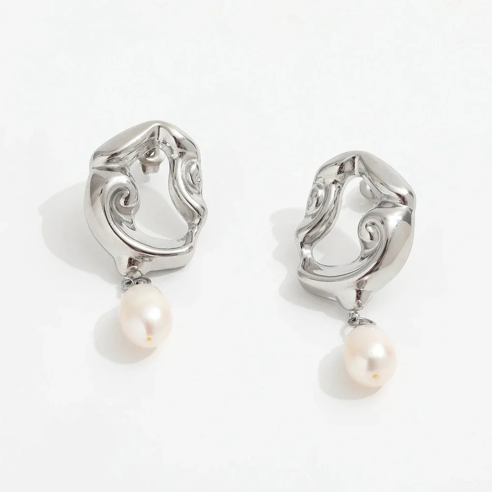 Silver Irregular Shape Earrings*Minimalist Design*Pearl Earrings*Waterproof*ML - Picture 1 of 4